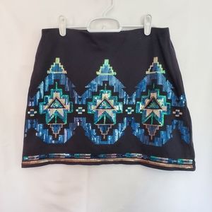 Womens Bongo Black Sequin Aztec Print Mini Skirt Lining Elastic Waistband Size M
